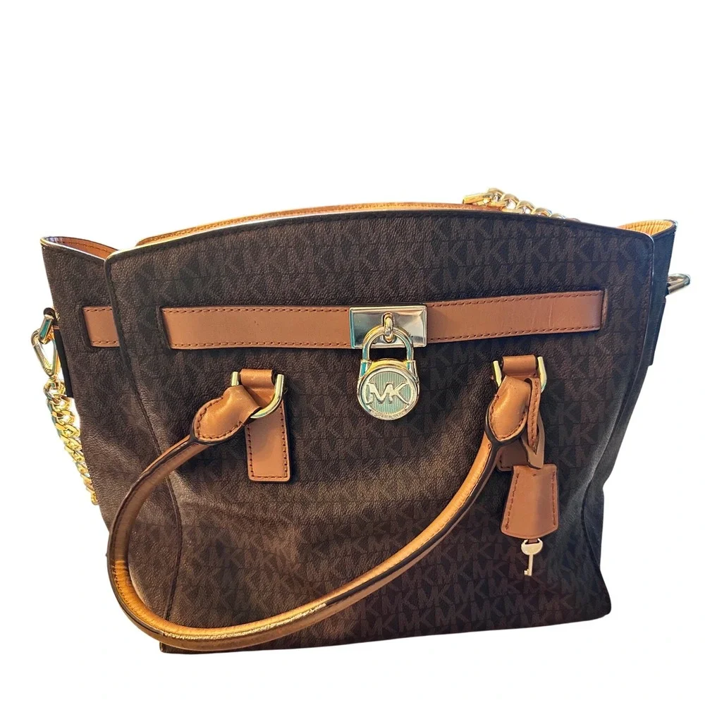 Michael Kors Hamilton Satchel Brown Logo Canvas Leather Trim Gold Hardware